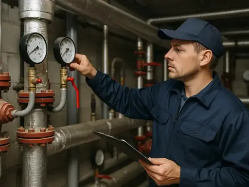 Technik sprawdza ciśnienie na manometrach w kotłowni, przygotowując blok do okresu grzewczego.