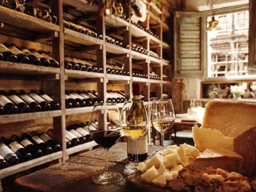 Regal gefüllt mit italienischem Wein, daneben Gläser mit Rot- und Weißwein, Käse und Brot auf einem Holztisch.