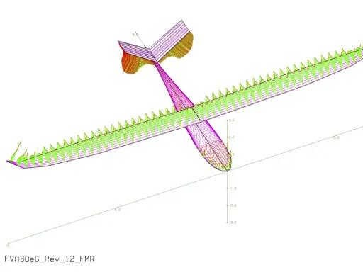 3D-Modell eines Flugzeugs mit detailliertem Flügel und Seitenleitwerk. Die Flügel sind grün und lila, das Seitenleitwerk ist rot und lila.