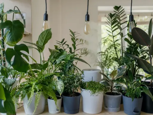 Un assortiment luxuriant de plantes de bureau, incluant un Monstera, des fougères et un caoutchouc, illumine un espace avec des ampoules suspendues.