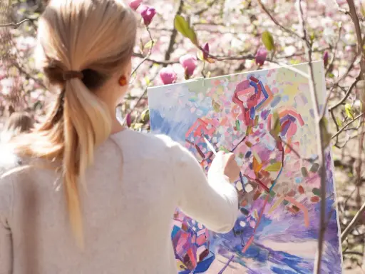 En kvinna målar en abstrakt tavla utomhus bland blommande magnoliaträd. Hon använder olika målartekniker för att fånga vårens färger.