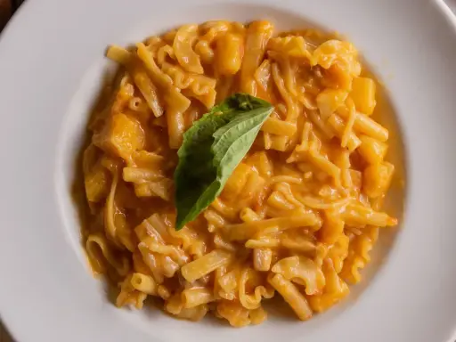 Un piatto di pasta patate e provola cremoso, con pezzi di patate e un rametto di basilico fresco.