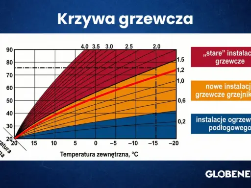 Krzywa grzewcza dla 22 stopni pokazuje zależność temperatury wody grzewczej od temperatury zewnętrznej dla różnych typów instalacji.