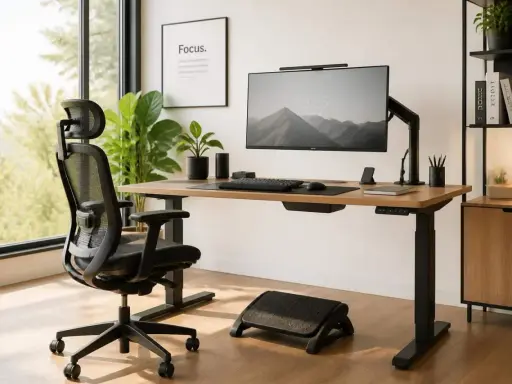 Un bureau bien organisé avec une chaise ergonomique, un écran d'ordinateur, un clavier et une plante verte. L'espace est lumineux et invitant.