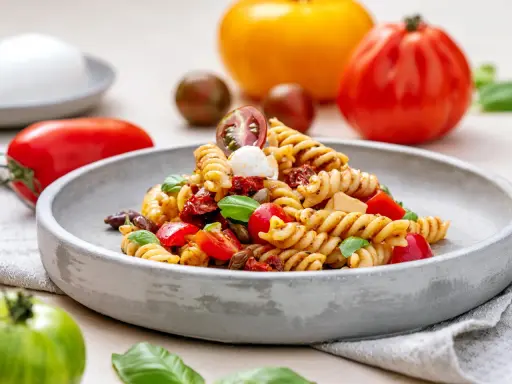 Ein köstlicher italienischer Nudelsalat mit Fusilli, Tomaten, Mozzarella und Basilikum auf einem grauen Teller.