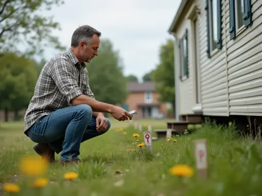 Un homme vérifie les repères au sol lors de l'installation d'un mobil home.