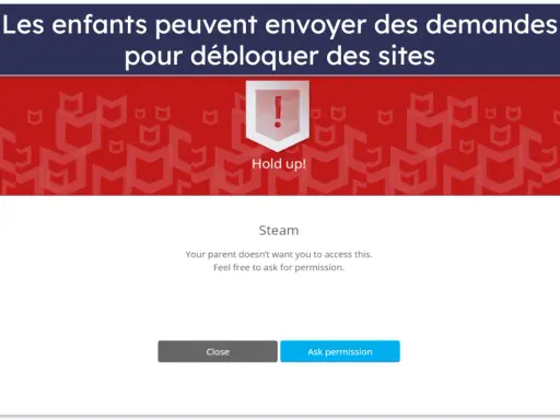 Fenêtre de blocage de site web pour le contrôle parental d'ordinateur. Steam est inaccessible, mais l'enfant peut demander l'autorisation.