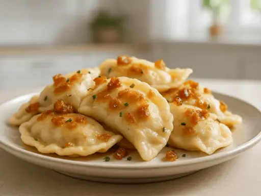 Pyszne pierogi ruskie, które Ania gotuje, polane skwarkami i posypane szczypiorkiem, na jasnym talerzu.