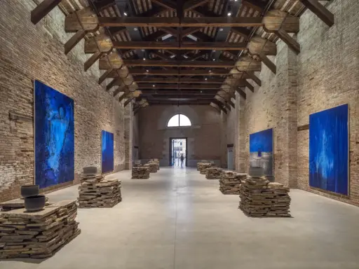 Vaste salle d'exposition à Venise, avec des œuvres d'art bleues et des sculptures en pierre. L'architecture industrielle de Pinault Venise est mise en valeur.