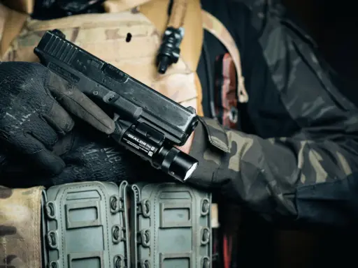 Dłoń w rękawiczce trzyma pistolet z zamontowanym na szynie taktycznym laserem do broni.