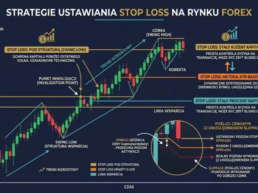 Wykres analizy strategii stop loss na rynku Forex. Pokazuje różne metody ustawiania stop loss, w tym wskaźnik ATR, oraz analizę punktów wsparcia i oporu.