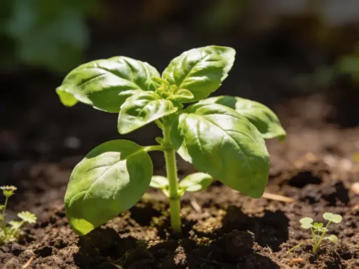 Un jeune plant de basilic pousse dans la terre. C'est le moment idéal pour savoir où planter le basilic pour qu'il prospère.