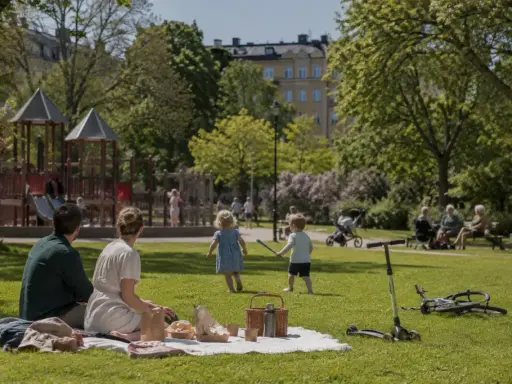 Familj picknickar i parken medan barnen leker. En perfekt dag för aktiviteter i Lund för vuxna och barn.