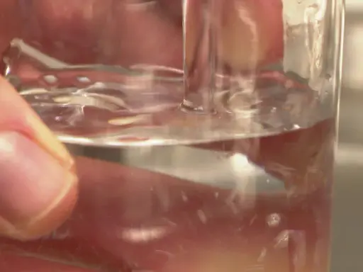 Main d'une personne tenant un verre d'eau potable à Poitiers. L'eau est claire et reflète la lumière.