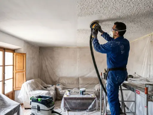 Hombre con mono azul lijando techo con gotelé para alisar paredes. Protege muebles y suelo con plásticos.