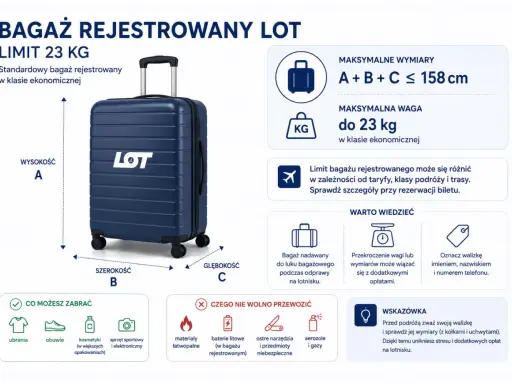 Limit bagażu rejestrowanego LOT to 23 kg. Sprawdź wymiary i wagę walizki przed podróżą, by uniknąć dodatkowych opłat.