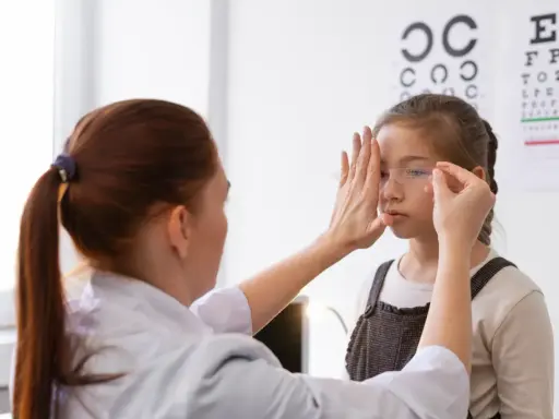 Okulista wykonuje ćwiczenia na akomodację oka u dziewczynki, zasłaniając jej jedno oko.
