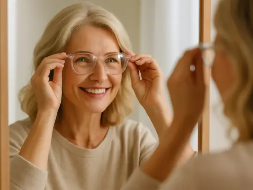Uśmiechnięta kobieta z blond włosami przymierza okulary przed lustrem. Dobór okularów to ważny krok do lepszego widzenia i stylu.