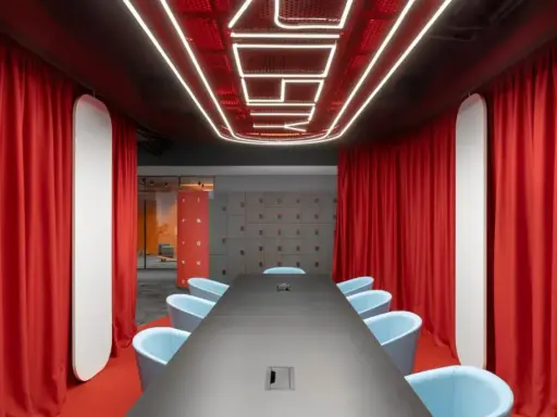 Aménagement salle de réunion moderne avec table noire, fauteuils bleus, rideaux rouges et éclairage néon au plafond.