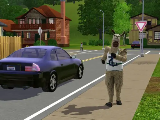 Sim w stroju lamy na ulicy, jakby właśnie wysiadł z samochodu, gotowy na przygody w The Sims 2 na studiach.
