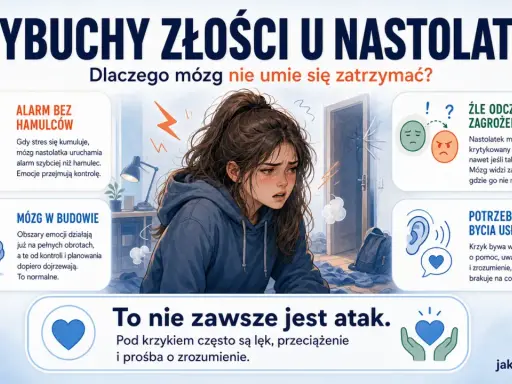 Zestresowana nastolatka, której mózg szybko się denerwuje. Obok grafiki o wybuchach złości u nastolatków.