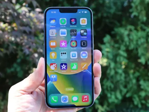 Mano sujetando un iPhone 14 con pantalla llena de iconos de apps, con árboles verdes desenfocados de fondo.