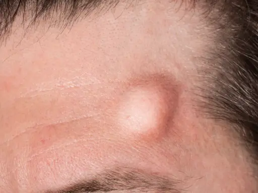 Gros plan sur un front humain, montrant un bouton sous cutané proéminent, légèrement rouge, près de la ligne des cheveux.