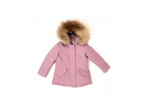 Giacca rosa con cappuccio bordato di pelliccia, perfetta per il tuo woolrich neonato.