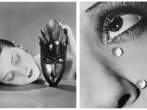 Man Ray, maestro del surrealismo, cattura un volto addormentato accanto a una maschera e gocce d'acqua sull'occhio, evocando mistero.