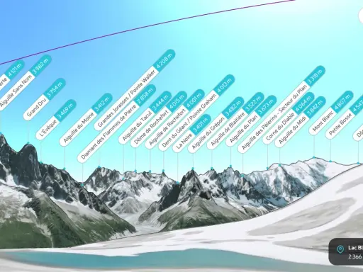 Widok na Alpy z zaznaczonym Mont Blanc, który znajduje się we Francji. Widać też inne szczyty i lodowiec.