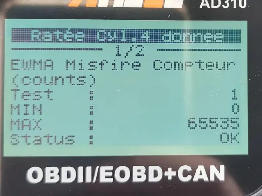 P1337 Citroen: EWMA Misfire Compteur (counts) Test: 1, MIN: 0, MAX: 65535, Status: OK.