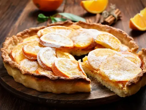 Une délicieuse tarte à l'orange, garnie de fines tranches d'agrumes et saupoudrée de sucre glace, sur un fond de bois rustique.