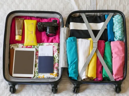 Packar för resan! I det öppna incheckat bagage sas ligger kläder, kamera, solkräm, glasögon, surfplatta och pass.