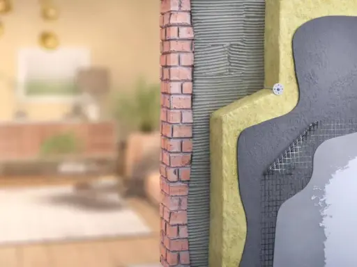 Corte de pared que muestra el aislamiento y la mampostería, parte de un sistema passivhaus para eficiencia energética.