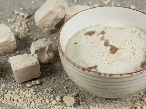 Aktywny rozczyn z drożdży w misce, obok kostki świeżych drożdży i okruszki.