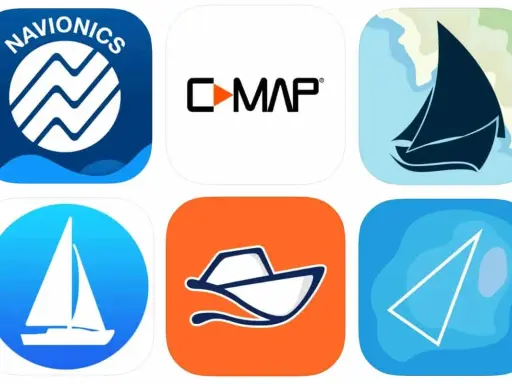 Icônes d'applications de navigation : Navionics, C-MAP, voilier, bateau, carte marine.
