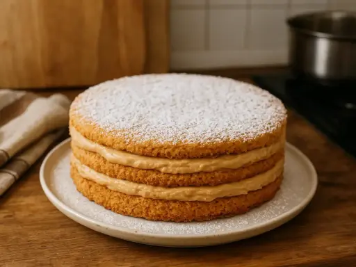Un gâteau russe traditionnel, à la crème onctueuse et saupoudré de sucre glace, prêt à être dégusté.