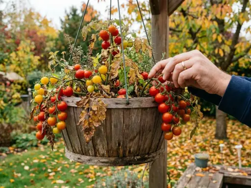 Un homme cueille des tomates cerises rouges et jaunes dans un pot suspendu en bois. Les feuilles tombées jonchent le sol.