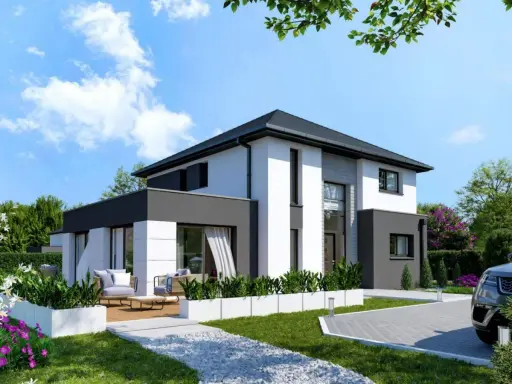 Maison moderne blanche et grise avec terrasse, jardin et allée. Le prix de construction de cette maison est un investissement pour un style de vie contemporain.