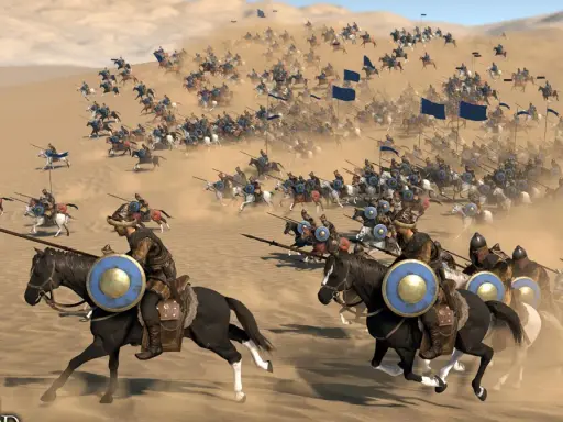 Wielka bitwa kawalerii w piaskach pustyni, jak w Mount & Blade 2. Żołnierze w zbrojach pędzą na koniach, niosąc włócznie i tarcze.