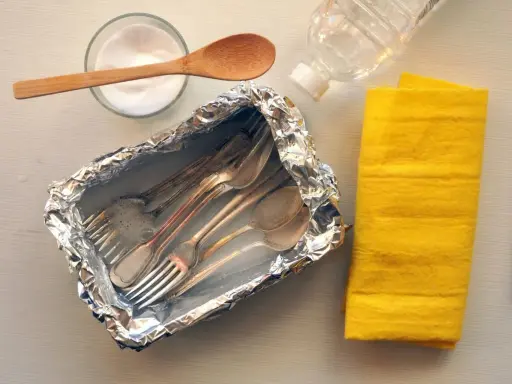 Czyszczenie sztućców sodą: folia aluminiowa, soda, woda i żółta ściereczka.