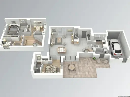 Exemple plan maison 3D : vue éclatée montrant plusieurs chambres, salon, salle à manger, cuisine, salle de bain et garage avec une voiture.