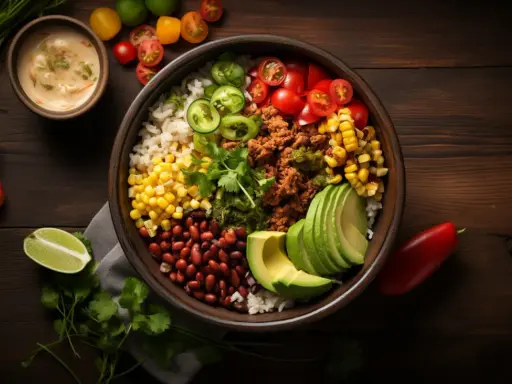 Kolorowy burrito bowl z ryżem, fasolą, kukurydzą, mięsem mielonym, awokado, pomidorkami i jalapeno.