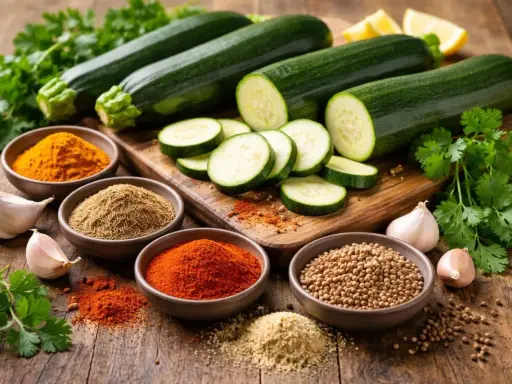 Courgettes coupées et épices variées : curcuma, cumin, paprika, coriandre. Une invitation à découvrir quelle épice avec courgette sublimera votre plat.