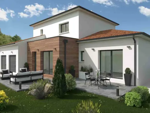 Une maison à étage moderne avec garage, terrasse aménagée et jardin verdoyant.