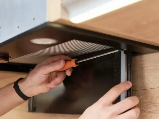 Ręce majsterkowicza przykręcają filtr w okapie bez wyciągu. Montaż okapu kuchennego.