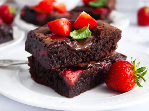 Pyszne brownie z truskawkami, polane czekoladą i ozdobione świeżymi owocami. Idealne na deser!