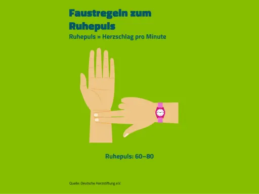 Ein Finger tastet den Puls am Handgelenk. Der Ruhepuls ist wichtig für den Alltag.