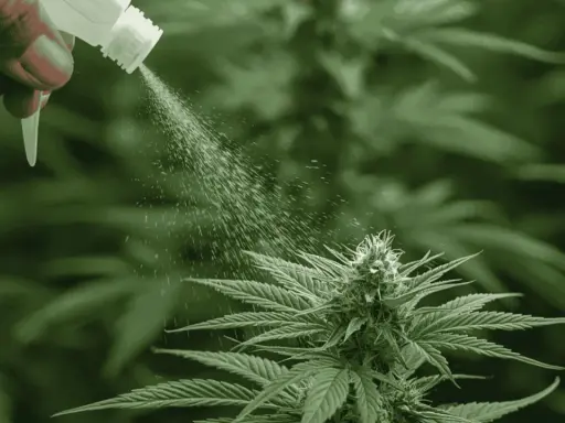 Mano rociando planta de cannabis con spray, mostrando cómo utilizar el vinagre como insecticida natural para protegerla.