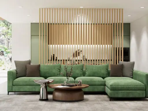 Un sofá verde es el centro de atención en este salón moderno. Descubre cómo combinar un sofá verde con tonos neutros y madera para un ambiente acogedor.